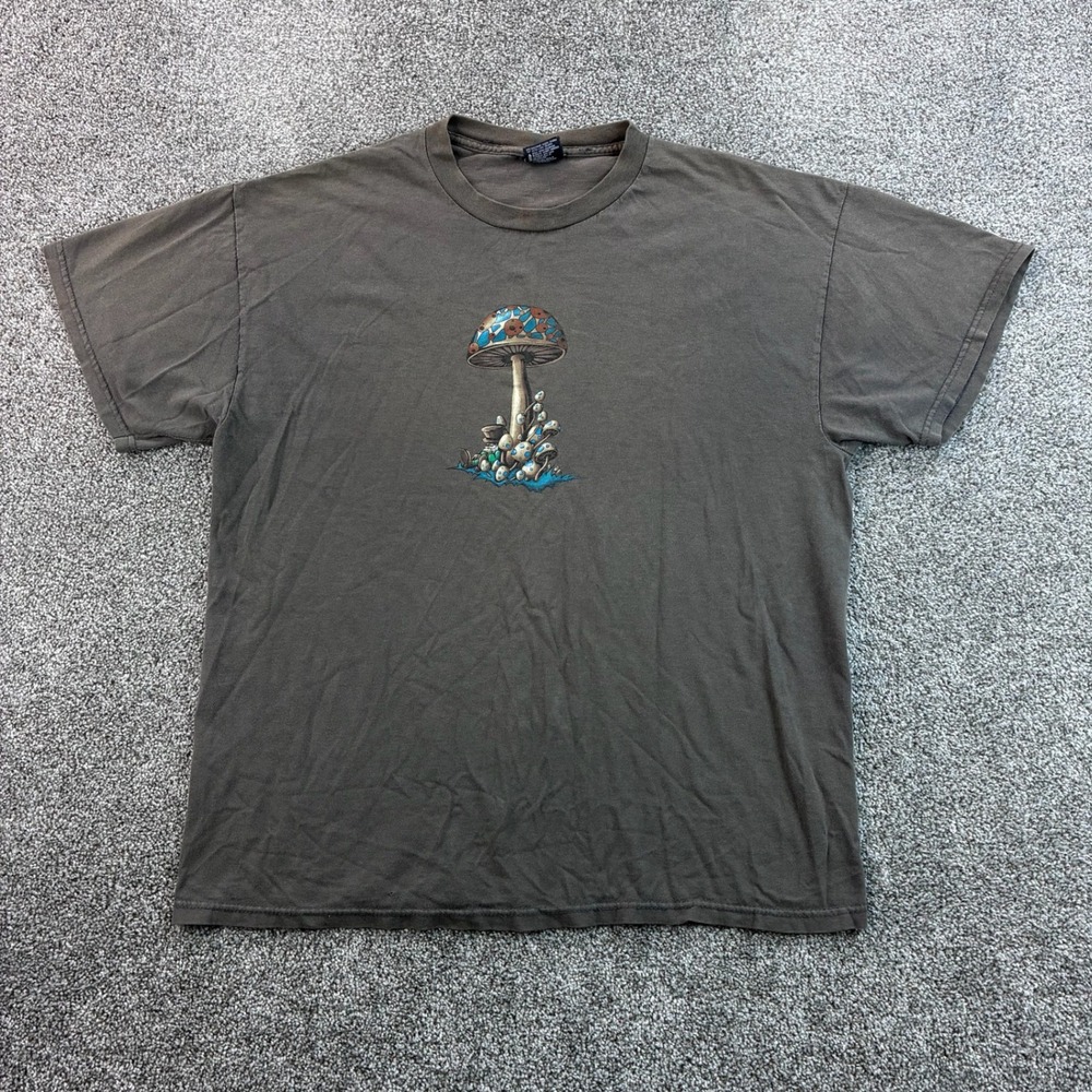 Vintage ODM Mushroom Shirt Mens XL Gray Mushroom Sleeping Gnome Trippy Shrooms